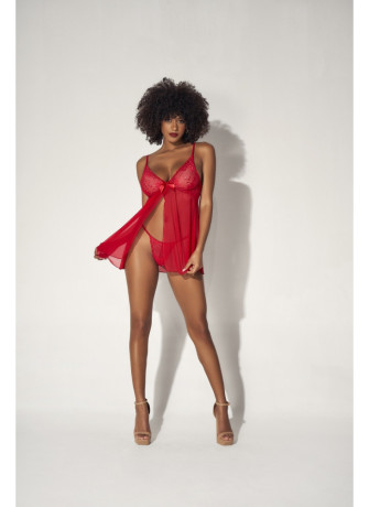 Babydoll en dentelle et résille rouge ouvert sur le devant - MAL7501RED